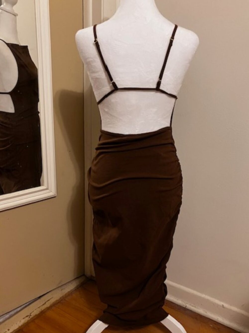 Ruched High Neck Midi Brown Dress NWT